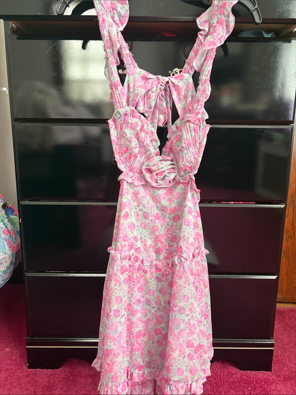 For Love And Lemons Pink Floral Ruffle Midi Dress